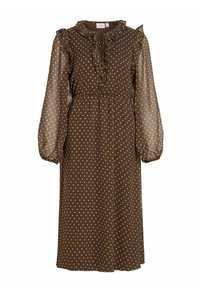 Brun kjole med polkadotter, med volang på halsen og lange, semitransparente ermer. Innsvingt midje, flytende skjørt og knyting ved halsen.