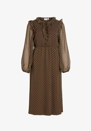 Brun prikket kjole med flæset halsudskæring og lange gennemsigtige ærmer. Indsnævret talje, flydende nederdel og bindebånd ved halsen.