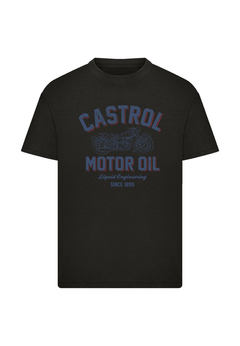 Schwarzes Baumwoll-T-Shirt mit einem mehrfarbigen Grafikdruck eines Motorrads und dem Text: "CASTROL MOTORÖL Flüssige Technik seit 1899."