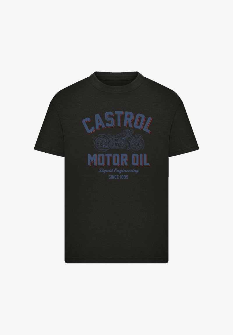 Schwarzes Baumwoll-T-Shirt mit einem mehrfarbigen Grafikdruck eines Motorrads und dem Text: "CASTROL MOTORÖL Flüssige Technik seit 1899."