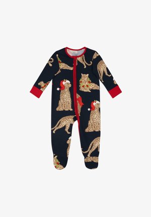 Marineblaues Einteiler-Outfit mit langen Ärmeln, das mit einem Leopardenmuster, roten Akzenten und Reißverschlüssen versehen ist. Das Design zeigt Leoparden mit Weihnachtsmützen und festlichen Dekorationen.