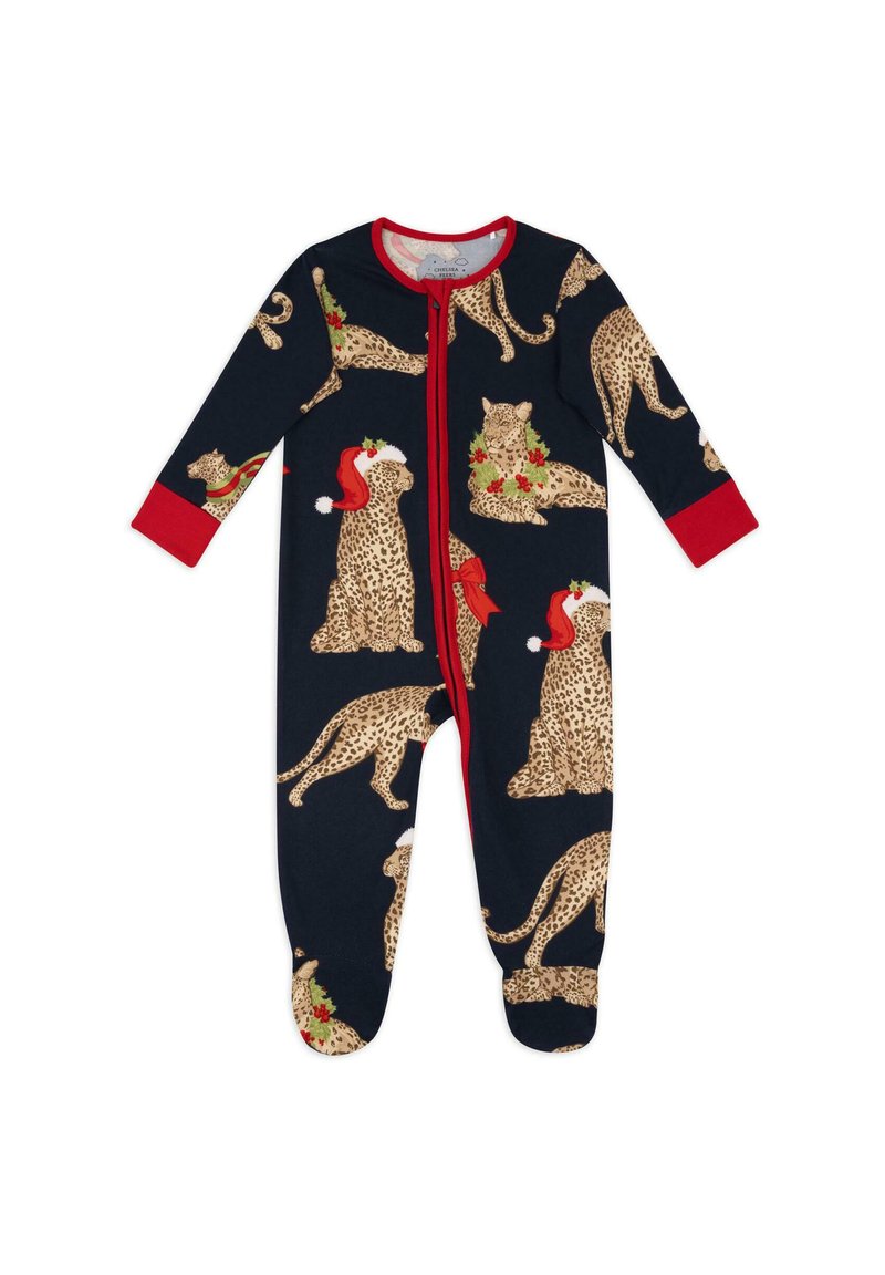 Body navy a maniche lunghe, con stampa leopardata, dettagli in rosso e cerniere. Il design presenta leopardi con cappelli di Babbo Natale e decorazioni festive.