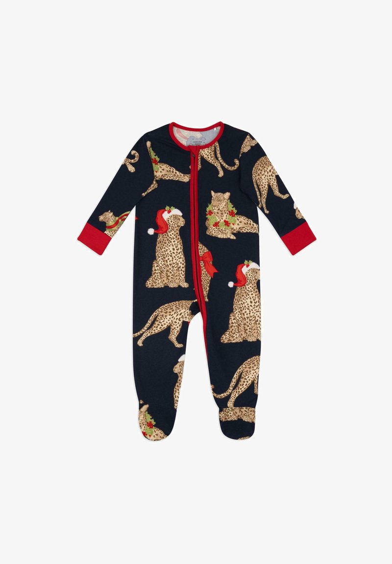 Body navy a maniche lunghe, con stampa leopardata, dettagli in rosso e cerniere. Il design presenta leopardi con cappelli di Babbo Natale e decorazioni festive.