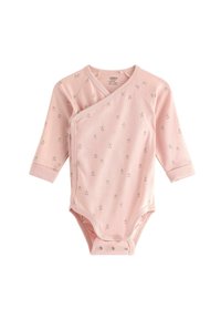 Vaaleanpunainen pitkähiha bodysuit, jossa on kietaisumuotoilu; siinä on pieniä vihreitä kukkakuoseja, pehmeää kangasta ja nepparit alaosassa.