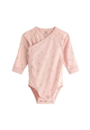 Vaaleanpunainen pitkähiha bodysuit, jossa on kietaisumuotoilu; siinä on pieniä vihreitä kukkakuoseja, pehmeää kangasta ja nepparit alaosassa.