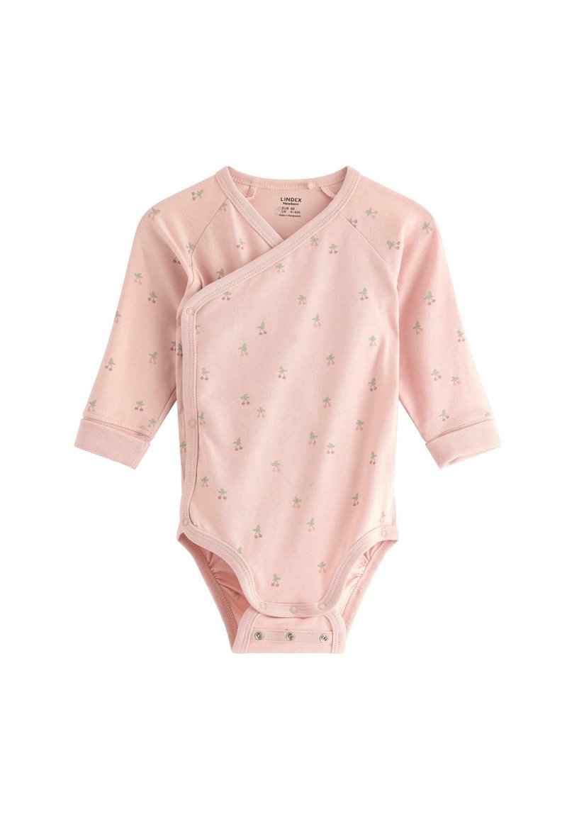Vaaleanpunainen pitkähiha bodysuit, jossa on kietaisumuotoilu; siinä on pieniä vihreitä kukkakuoseja, pehmeää kangasta ja nepparit alaosassa.