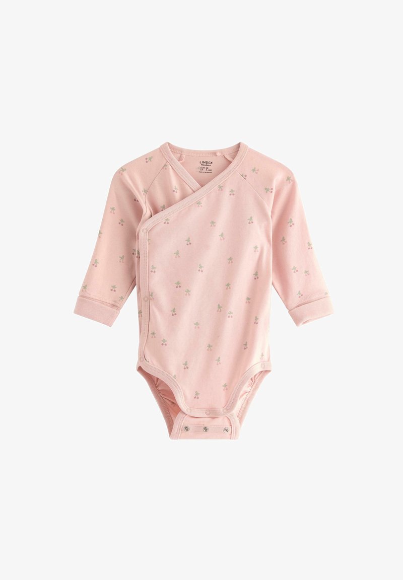Rosa långärmad bodysuit med omslagsdesign; har små gröna blommönster, mjukt tyg och tryckknappar i nederkant.