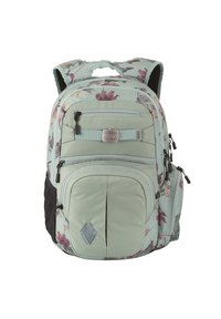 Blauer Rucksack mit Blumenmuster, der mehrere Reißverschlussfächer, verstellbare Träger und einen oberen Griff für einfaches Tragen bietet.
