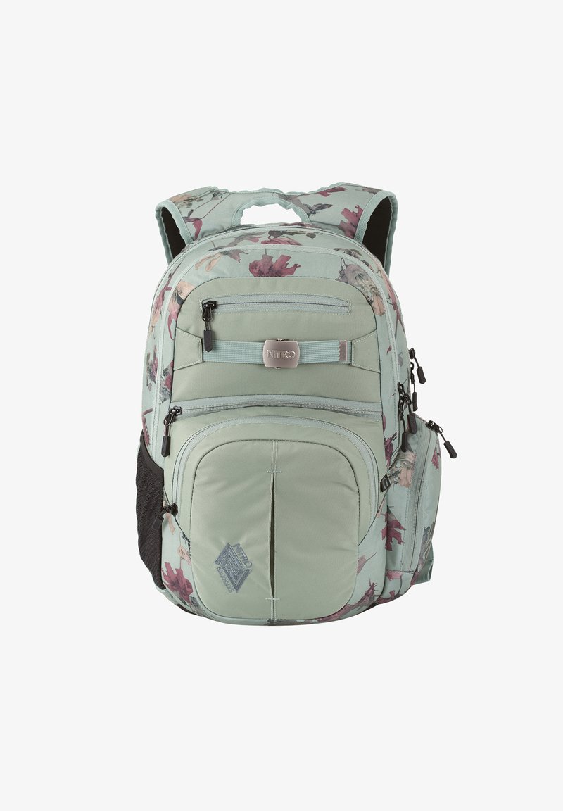 Bloemrijke turkooise rugzak met meerdere ritscompartimenten, verstelbare schouderbanden en een bovenhandvat voor gemakkelijk dragen.