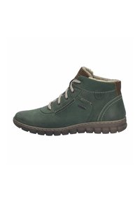 Bottines en cuir vert avec des lacets gris, une finition texturée et un accent de talon marron. Elles disposent d'un intérieur rembourré et d'une semelle en caoutchouc.