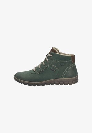 Stivaletti alla caviglia in pelle verde con lacci grigi, finitura testurizzata e accentuazione del tacco marrone. Presentano un interno imbottito e suola in gomma.