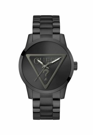 Montre analogique noire présentant un cadran triangulaire avec un logo surélevé, des marqueurs d'heure minimalistes et un bracelet en métal.