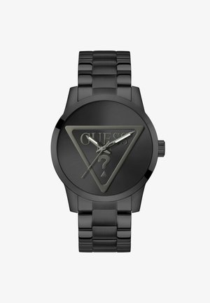 Ceas analogic negru, cu un cadran triunghiular și un logo ridicat, markeri de oră minimalisti și o brățară metalică cu linkuri.