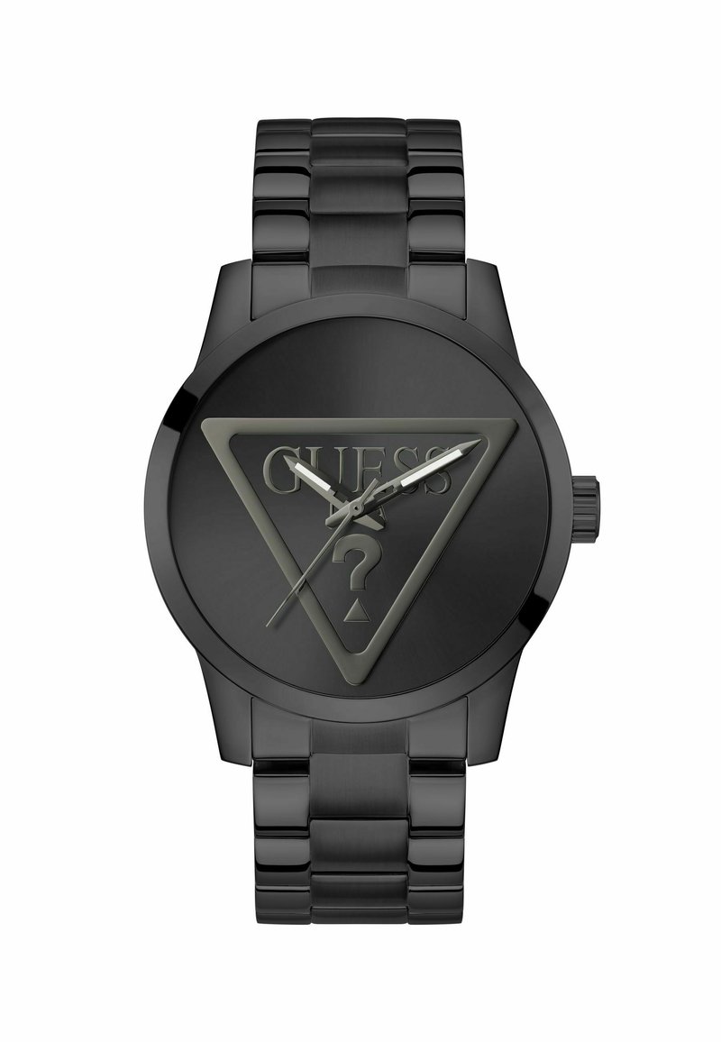 Orologio analogico nero con un quadrante triangolare con logo in rilievo, indicatori delle ore minimalisti e bracciale in metallo.