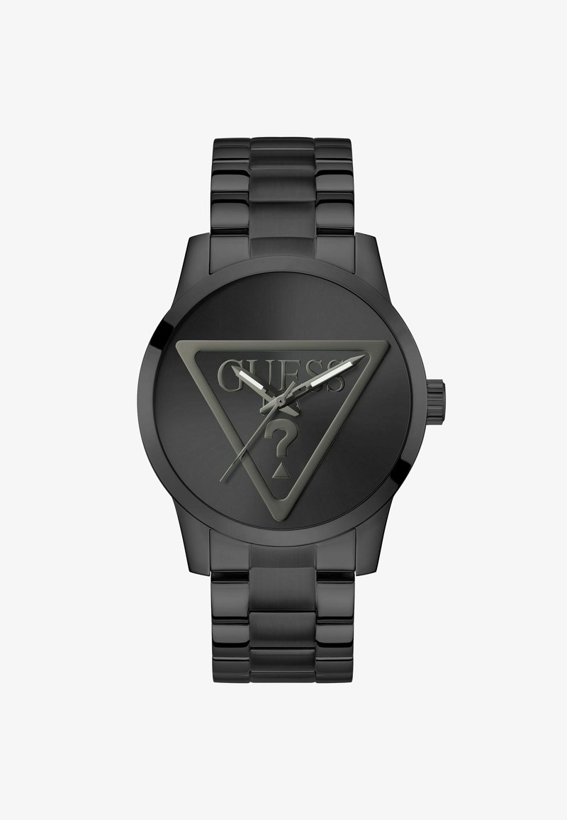 Montre analogique noire présentant un cadran triangulaire avec un logo surélevé, des marqueurs d'heure minimalistes et un bracelet en métal.