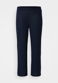 Navy blue ribbed knit pants with an elastic waistband, straight leg design, and a soft texture. Smooth, lightweight fabric with no visible hardware.
