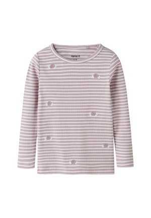 Langärmliges, geripptes Shirt mit weißen und lavendelfarbenen horizontalen Streifen und kleinen lavendelfarbenen Rosenstickereien, die vorne verteilt sind.