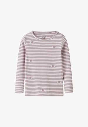 Langärmliges, geripptes Shirt mit weißen und lavendelfarbenen horizontalen Streifen und kleinen lavendelfarbenen Rosenstickereien, die vorne verteilt sind.