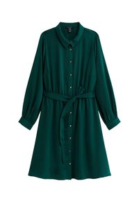 Green button-up dress made of soft fabric, featuring a collar, long sleeves, a fitted waist with a tie belt, and front pockets.