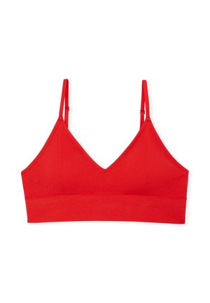Bralette rosso con design a scollo a V profondo, spalline regolabili e texture a coste. Fascia liscia sotto il busto per un supporto aggiuntivo.