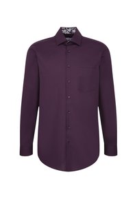 Langarmshirt van donkerpaars stof met een standaard kraag, een borstzak en een bloemenpatroon aan de binnenkant van de kraag. Vijf bruine knopen.