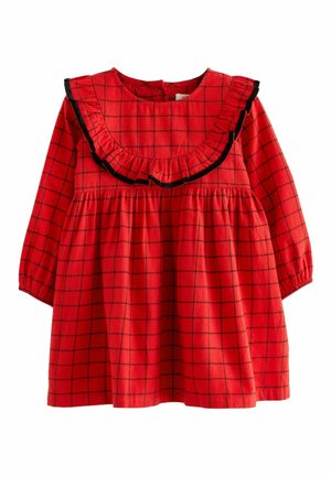 Rotes kariertes Kleid mit langen Ärmeln, Rüsche am Ausschnitt und schwarzem Besatz. Verfügt über eine geraffte Taille und einen leichten Stoff.