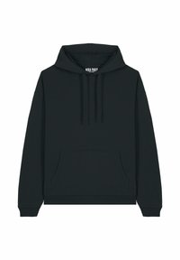 Juoda gobtuvinė džemperis, pagamintas iš minkštos medžiagos, su priekinėmis kišenėmis, raukšlėta apačia ir rankogaliais, bei raišteliais gobtuvo reguliavimui.