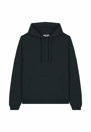 Schwarzer Kapuzenpullover aus weichem Material, mit einer vorderen Kängurutasche, geripptem Saum und Bündchen sowie Zugbändern zur Anpassung der Kapuze.