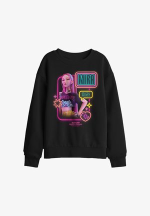 Black sweatshirt with neon-style graphic of a confident animated woman named Mira, colorful symbols, and K-pop Demon Hunters text below.