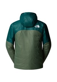 Groene geïsoleerde jas met een capuchon, met een donkerder groene bovenkant en een lichter groene onderkant. Logo op de bovenrug. Glad oppervlak.