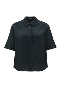 Dark green short-sleeve shirt made from textured fabric. Features a button-down front and a classic collar with a slightly curved hem.