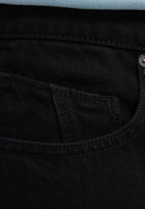 Black denim jeans with a small front pocket, featuring dark stitching and a silver button detail. The fabric appears smooth with a slight texture.