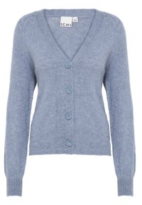 Ljusblå, texturerad cardigan med V-ringning, sex knappar och ribbade ärmslut. Tillverkad av ett mjukt, fluffigt material. Frampocketdetalj.