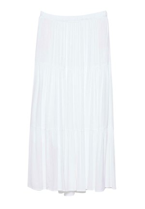 Bílá maxi sukně se stupňovitými vrstvami, elastickým pasem a jemnou vertikální texturou, splývavá a lehká látka.