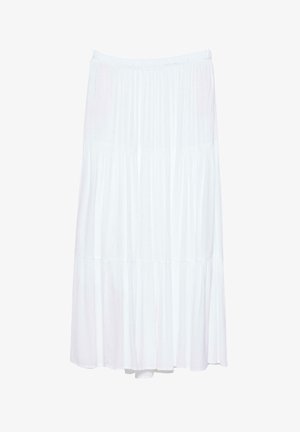 Fehér, réteges maxi szoknya elasztikus derékpánttal és finom, függőleges mintázattal, légies és könnyű anyagból.
