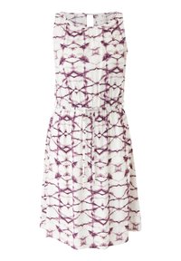 Ärmelloses Kleid aus weißem Stoff mit lila geometrischem Muster, elastischem Taillenzug mit Kordelzug und einer Rückenschlitzöffnung.