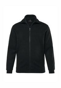 Černý svetr na zip s stojáčkovým límcem, pletenou strukturou, dlouhými rukávy a přiléhavým lemem. Na vnitřní straně límce je logo značky.