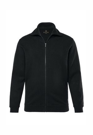 Černý svetr na zip s stojáčkovým límcem, pletenou strukturou, dlouhými rukávy a přiléhavým lemem. Na vnitřní straně límce je logo značky.