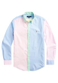 Koszula z wielokolorowym wzorem, z pionowymi paskami; odcienie różu, niebieskiego i zielonego; długie rękawy; logo polo na lewej piersi; klasyczny kołnierzyk.