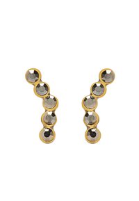 Kolczyki w kolorze złota w kształcie stylizowanej litery   „Y”, ozdobione sześcioma okrągłymi, fasetowanymi szarymi kamieniami ułożonymi w linii.