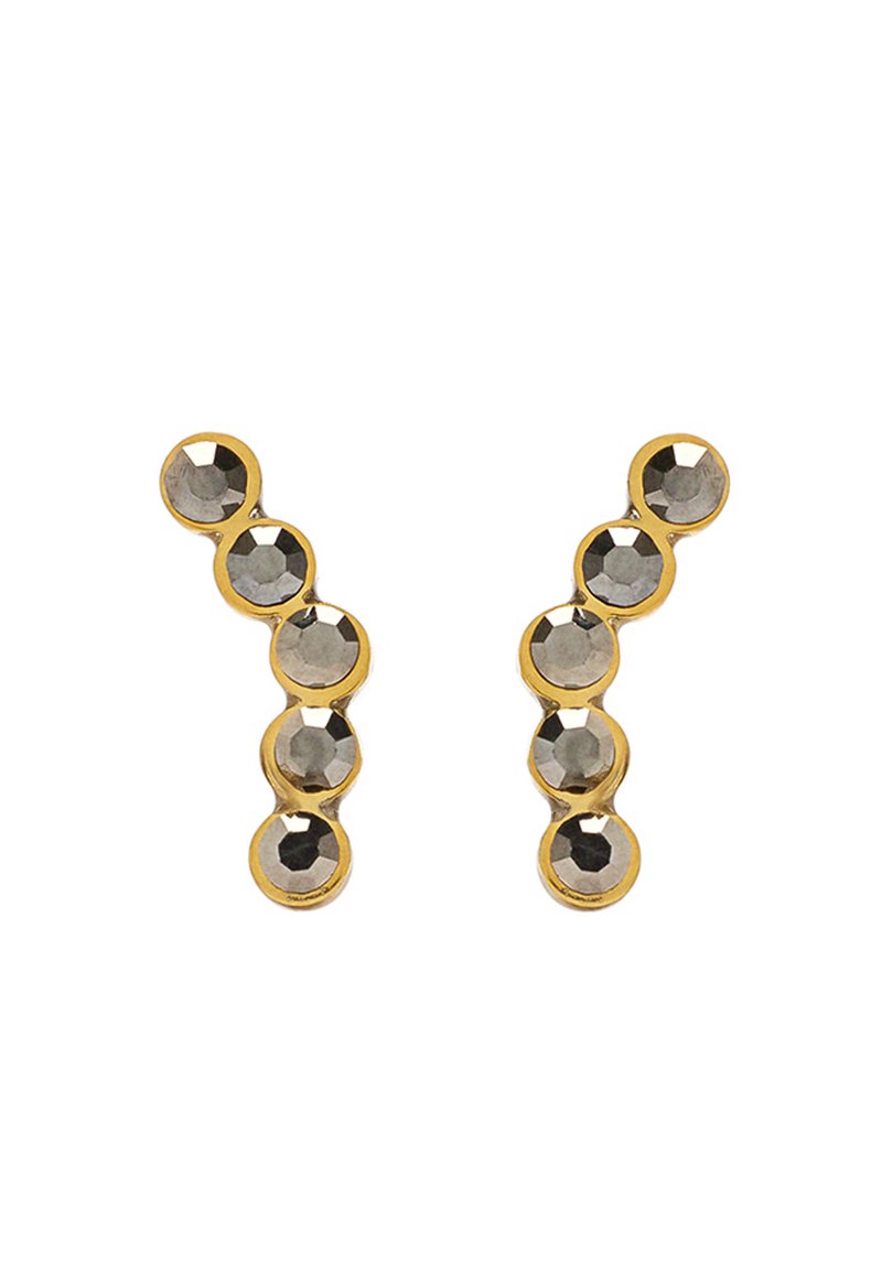 Kolczyki w kolorze złota w kształcie stylizowanej litery „Y”, ozdobione sześcioma okrągłymi, fasetowanymi szarymi kamieniami ułożonymi w linii.