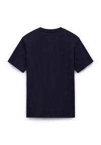 Marineblå bomulds T-shirt med korte ærmer, rund halsudskæring og ingen synlige grafikker eller udsmykninger på ryggen.