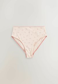 Lyserøde bomuldsundertøj med høj talje design, der har et mønster af små sløjfer og en kontrasterende pink taljebånd.