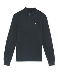 Pull-over zippé mi-long gris foncé avec col et poignets côtelés. Présente un petit logo jaune sur la poitrine. Fabriqué en tissu doux.