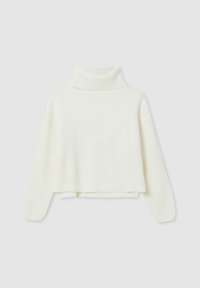 Pull long à manches longues en blanc, avec une texture côtelée et un col montant haut. L'ourlet est droit et décontracté.