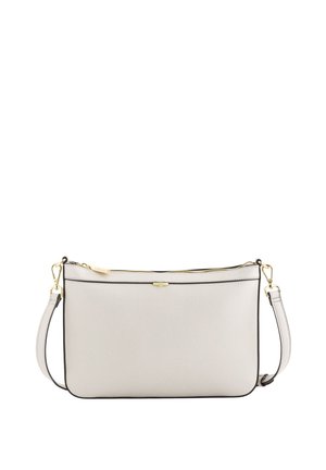 Sac bandoulière en cuir gris clair avec des accessoires en or, fermeture éclair et bordure noire. Il dispose d'une sangle réglable et d'une texture lisse.