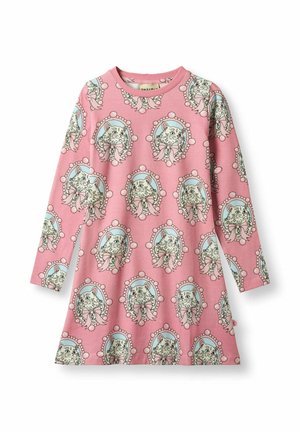 Ružové šaty s dlhým rukávom s opakujúcim sa motívom mačiek vo vianočných rámčekoch, ozdobené perlami a stužkami. Mäkký bavlnený materiál.