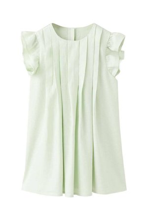 Vestito senza maniche verde chiaro con maniche a sbuffo arricciate e pieghe verticali sul davanti del corpetto, realizzato in tessuto morbido.