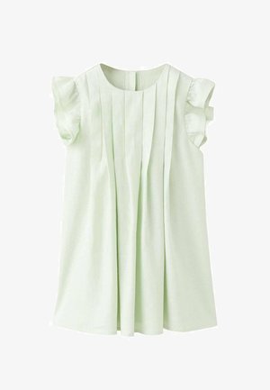 Vestito senza maniche verde chiaro con maniche a sbuffo arricciate e pieghe verticali sul davanti del corpetto, realizzato in tessuto morbido.