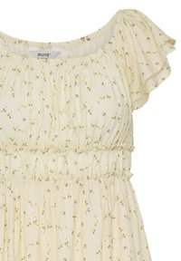 Robe jaune clair avec petit imprimé floral, encolure froncée, manches volantées et détail de taille froncée.
